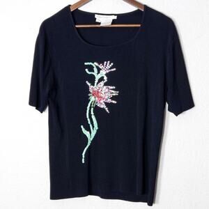 Belldini Black Beaded Floral Top Size XL Artsy Boho Romantic Whimsy